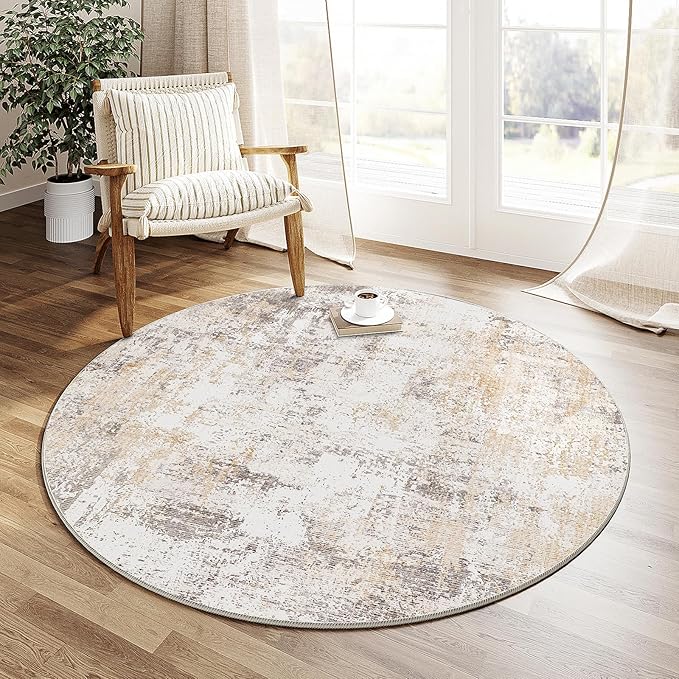 WondRg 4x4 Washable Round Rug Beige Grey Abstract Entryway Area Rug Neutral Modern Non Slip Soft Low Pile Carpet for Bathroom Kitchen Living Room Bedroom Entrance