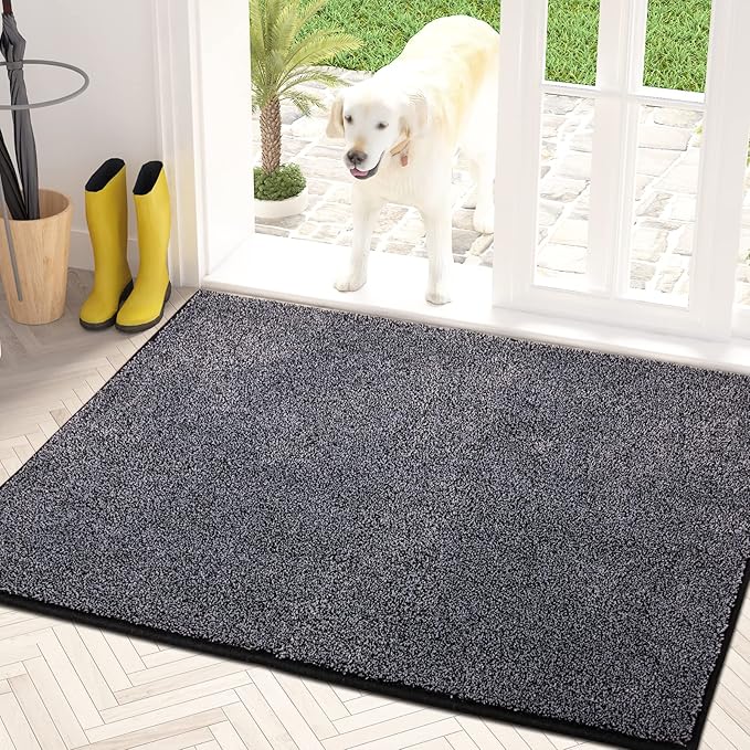 PURRUGS Dirt Trapping Door Mat 34" x 59", Non-Slip Machine Washable Entryway Rug, Dog Doormat, Indoor Front Door Mat, Super Absorbent Entry Rug for Muddy Shoes & Paws, Bluish Grey-Black