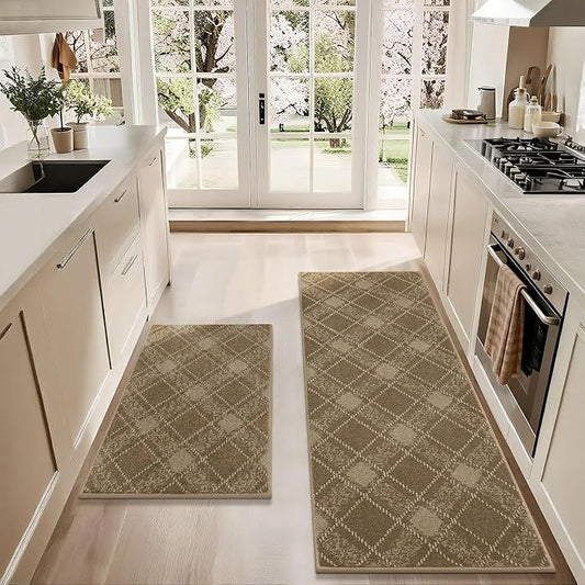 COSY HOMEER Kitchen Rugs and Mats Sets 2PCS Non-Slip Soft Kitchen Mats for Floor Absorbent and Stain Resistant Kitchen Floor Mat Washable Plaid Rugs for Kitchen,24"x36"+24"x60",Taupe