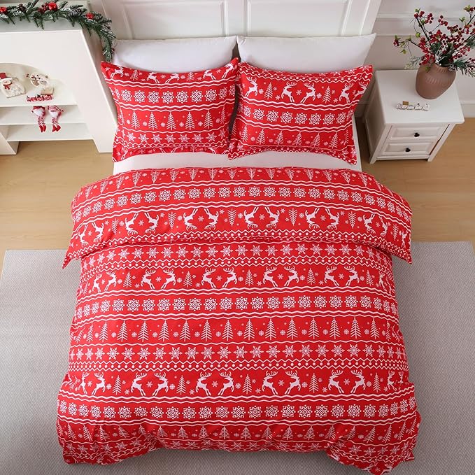 JSD Vintage Christmas Duvet Cover Set Twin Size, 2 Piece Red Snowflakes Reindeer Snowflakes Printed Microfiber Duvet Comforter Cover with Pillow Sham