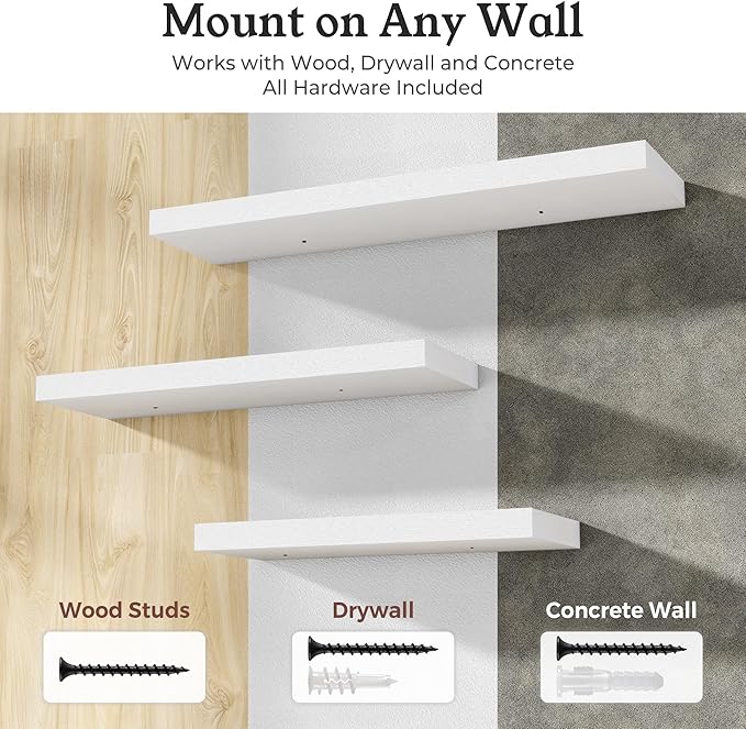Floating Shelves for Wall, 7.9" Deep Wall Mounted Wood Shelves for Bathroom, Bedroom, Living Room, Kitchen, Hanging Shelf for Books/Storage/Room Decor (White, 16")