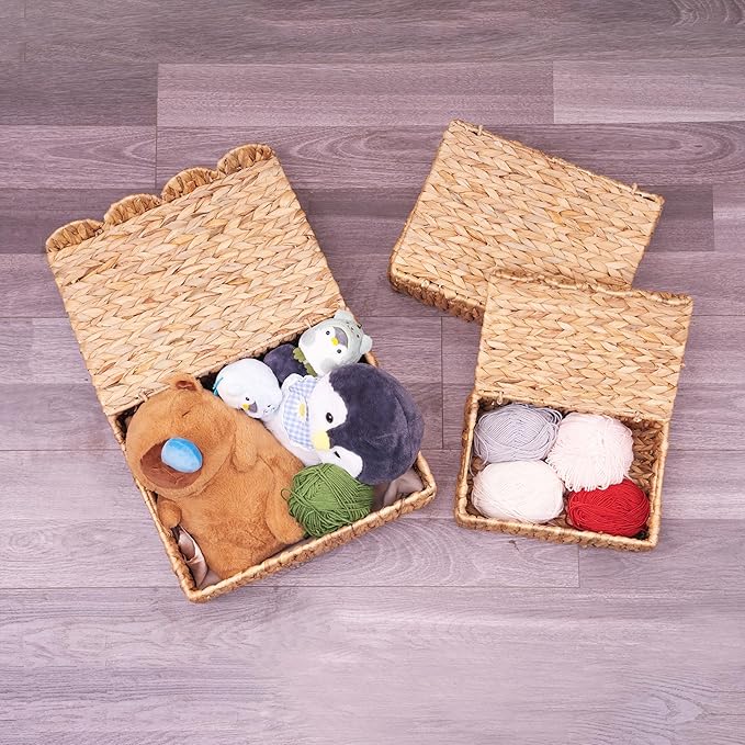 Set of 3 Wicker Storage Baskets with Lid, Large Rectangular Rattan Basket Decorative Boxes, Natural Water Hyacinth Wicker Basket for Shelf Organizer, Nursery Room
