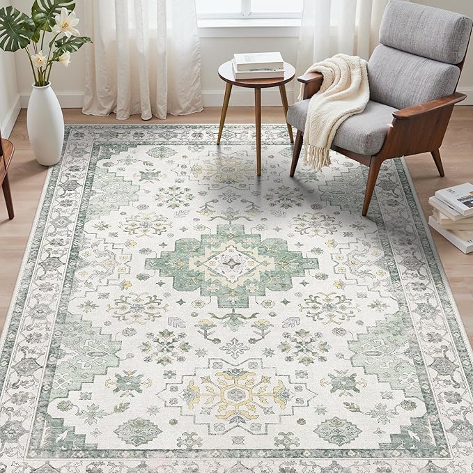 GENIMO 5x7 Area Rugs for Living Room,Machine Washable Non-Slip Vintage Rug, Low Pile Lightweight Carpet for Bedroom, Dining Room, Home Office, Stain & Fade Resistant,Green