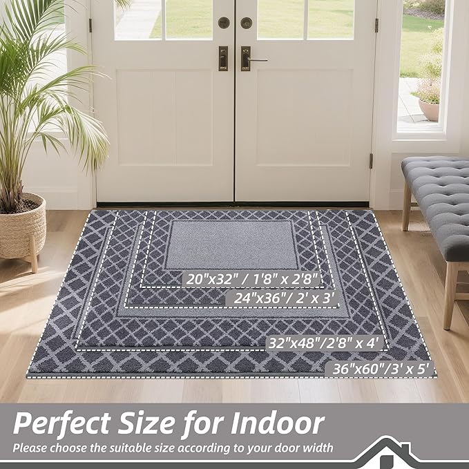 BEQHAUSE Door Mat Dirt Trapper Non Slip Entryway Rugs Absorbent Welcome Mat Low Profile Washable Front Door Mat for Muddy Paws,Entrance,Hallway, 36" x 60",Grey