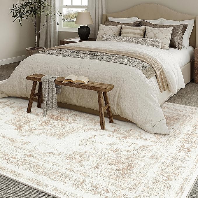 PureCozy Area Rug 8x10 Cream Washable Living Room Beige Carpet Non Slip Vintage Medallion Indoor Bedroom Beige Carpet Low Pile Soft Retro Distressed Large Rug Home Office Dining Room Playroom