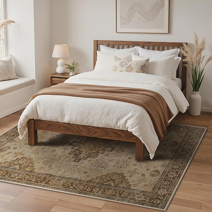 GENIMO 5x7 Area Rugs for Living Room,Machine Washable Non-Slip Vintage Rug, Low Pile Lightweight Carpet for Bedroom, Dining Room, Home Office, Stain & Fade Resistant,Brown