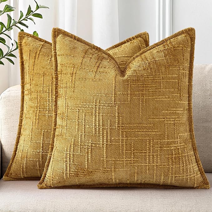 decorUhome Chenille Throw Pillow Covers 20x20 Set of 2, Thick Textured Slubby Neutral Decorative Pillow Covers with Elegant Design for Couch, Sofa, Living Room, Mustard Yellow