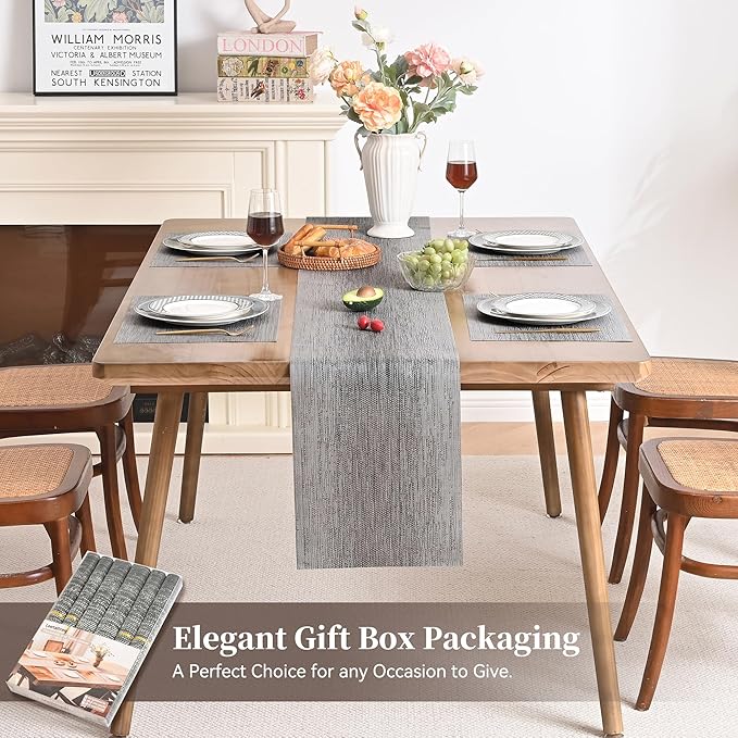 Leetaltree Grey Table Runner and Placemats Set of 7, Heat Resistant Non-Slip Place mats for Dining Table, Washable Durable PVC Vinyl Woven Table Mats Set