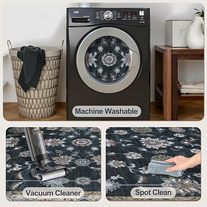 Tangsoo 2.6x8 Hallway Runner Rug, Floral Vintage Washable Non-Slip Runner Rug for Hallway Entryway Indoor, Black Print Carpet,Soft Low Pile Long for Kitchen Bedroom