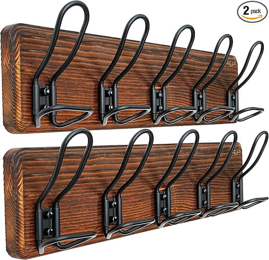Dseap Coat Rack Wall Mounted - Heavy Duty Farmhouse Rustic Wall Coat Hanger With 5 Wire Hooks for Clothes Hat Jacket Towel, RusticWire, G25A, Rustic Brown & Black, Pack of 2