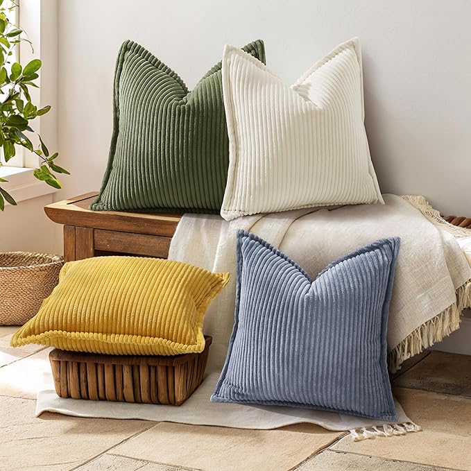 decorUhome Spring Corduroy Olive Green Euro Sham Throw Pillow Covers 24x24 Set of 2 Decorative Soft Boho Farmhouse Couch Pillow Covers for Living Room Bed Sofa Broadside Striped Pillow Cases