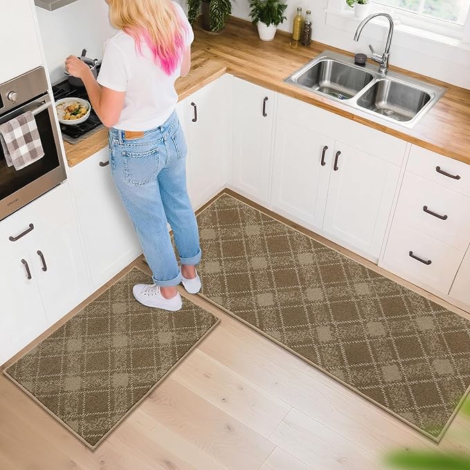 COSY HOMEER Kitchen Rugs and Mats Sets 2PCS Non-Slip Soft Kitchen Mats for Floor Absorbent and Stain Resistant Kitchen Floor Mat Washable Plaid Rugs for Kitchen,24"x36"+24"x60",Taupe