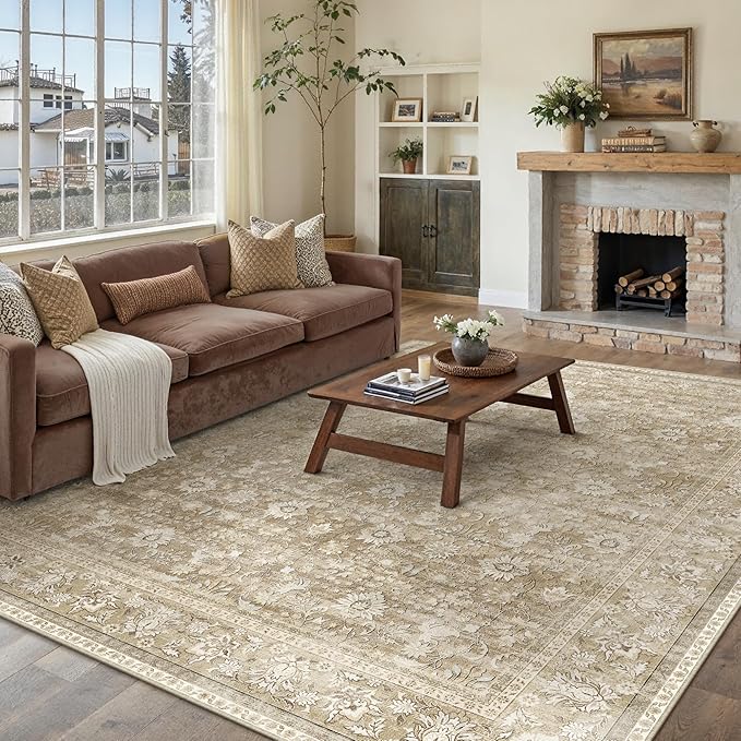HUGEAR 8x10 Machine Washable Rugs Beige Hallway Large Area Rug Indoor Accent Rug Floral Low Pile Carpet Soft Throw Aesthetic Rug Bedroom Living Room Office Dining Room Kitchen Laundry Room