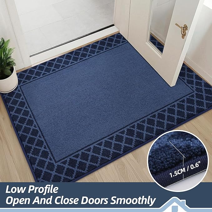 BEQHAUSE Door Mat Dirt Trapper Non Slip Entryway Rugs Absorbent Welcome Mat Low Profile Washable Front Door Mat for Muddy Paws,Entrance,Hallway, 24" x 36",Navy Blue