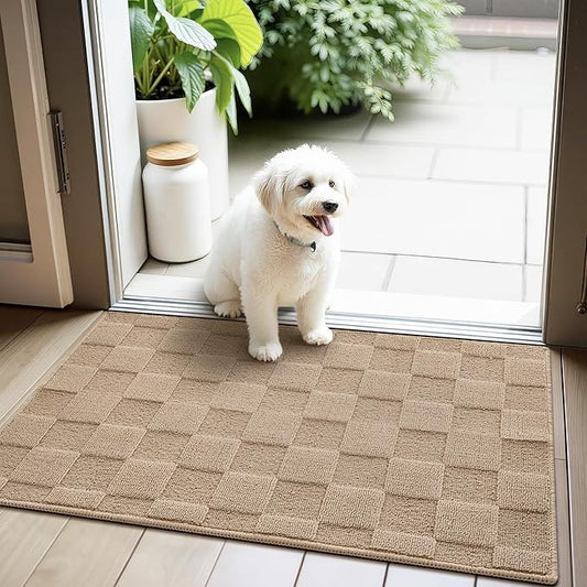GRANNY SAYS Front Door Mat Outside Entrance, Door Mats for Entryway, Welcome Matt Non-Slip, Entryway Front Porch Mat Low Profile Resist Dirt Easy to Clean, 32"x20", Khaki Check