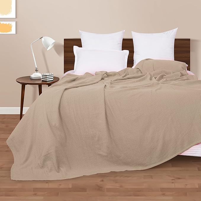 BOUTIQUO 100% Cotton Bed Blanket, Breathable Thermal Blanket Twin Size, Soft Honeycomb Waffle Blanket 60"x90", Cotton Bed Blanket, Perfect for Layering Any Bed for All Season, Beige
