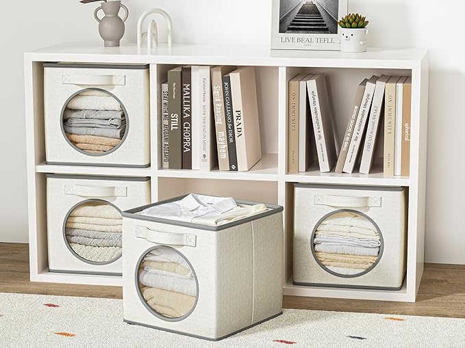 Vailando Foldable Fabric Storage Cube with Round Window - 4 Pack 11"x11"x11" Collapsible Closet Organizer Bins for Clothes, Shelves, Offices, Laundry & Misc, White & Ivory
