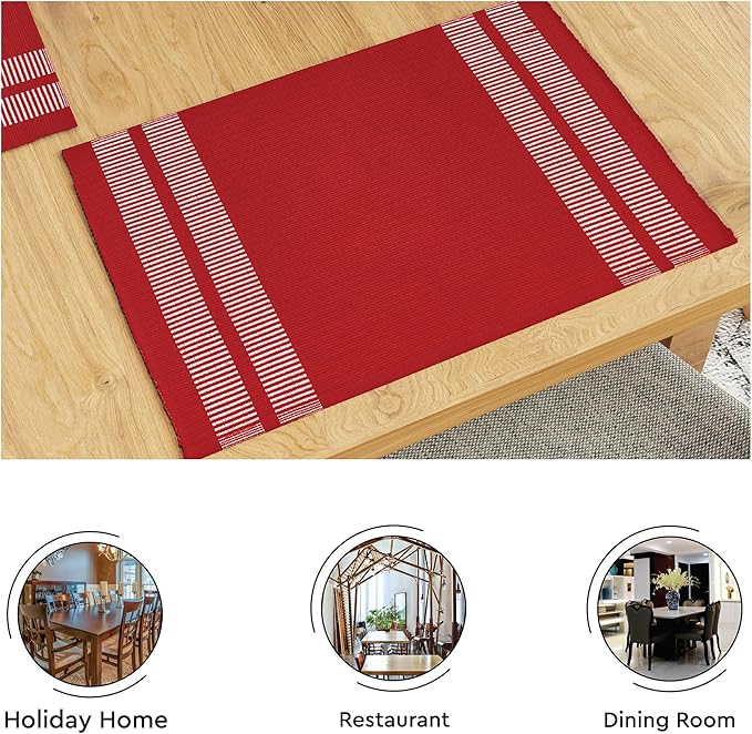 Encasa XO Table Runner and Placemats Set 6 | Fine Ribbed Cotton | Ladder Red | 1 Table Runner Size 13"x72" & Each Table Mat Size 19x13 Inch