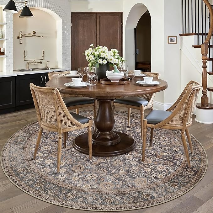 Hugear Round Rug 4ft Entryway Rugs Machine Washable Tradition Brown Hallway Area Rug 4x4 Small Circle Accent Rug Floral Low Pile Carpet Soft Throw Rug Living Room Office Laundry Room Entrance Non Slip