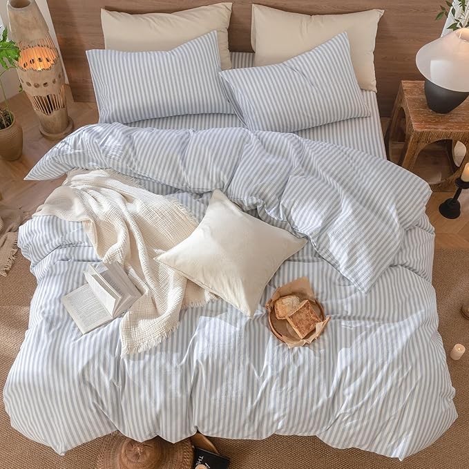 MooMee Striped Duvet Cover Set 100% Washed Cotton Linen Like Textured Breathable Durable Soft Comfy (Cornflower Blue White Classic Stripes, King 104"x90")