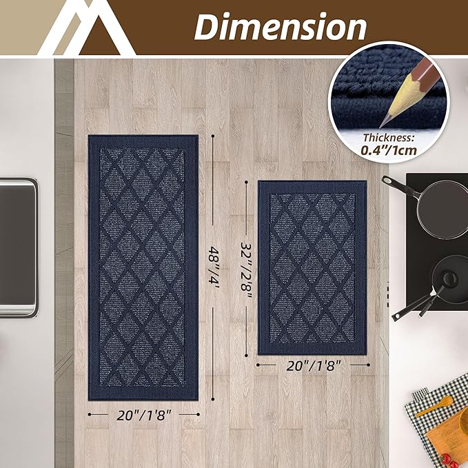 COSY HOMEER Kitchen Mats, 2 PCS Kitchen Rug Non Slip Washable, Absorbent Runner Rugs for Kitchen Floor, 100% Polypropylene Kitchen Sink Rug 20"x32" + 20"x48"(Blue)