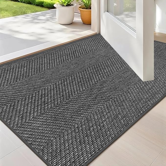 ENHASIV Ultra Thin Indoor Door Mat 17"x29", Washable Door Mat Indoor Entrance, Non Slip Rubber Backing Doormat Low-Profile Inside Entryway Mat, Unique Herringbone Design Entry Mat, Dark Grey (FOLD)