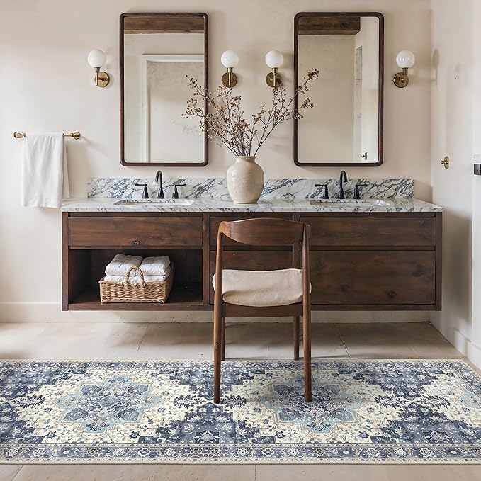 BESBLEE 2'6''x8 Runner Rugs for Hallway, Machine Washable Non Slip Vintage Rugs, Low Pile Lightweight Soft Print Rug for enrtyway, Corridor, Home Office, Kitchen, Center Blue