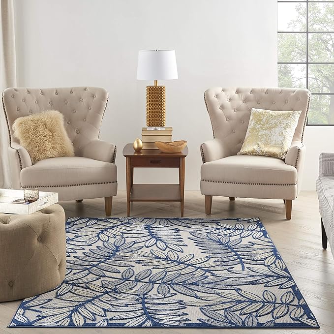 Nourison Home Aloha Ivory/Navy 5'3" x 7'5" Area Rug - Easy Clean, Non Shedding, Bed Room, Living Room, Dining Room, Kitchen (5' x 8')