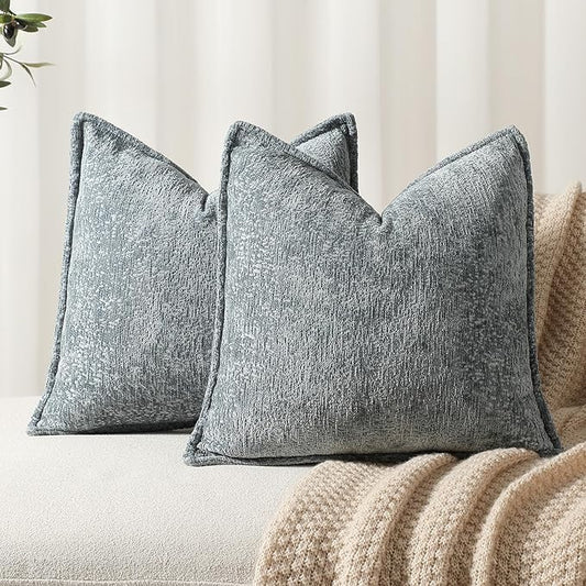 DEZENE Pack of 2 Dusty Blue Decorative Throw Pillow Covers 16x16 Cozy Soft Chenille Accent Vintage Square Couch Pillow Covers for Home Decor Bed Sofa Living Room