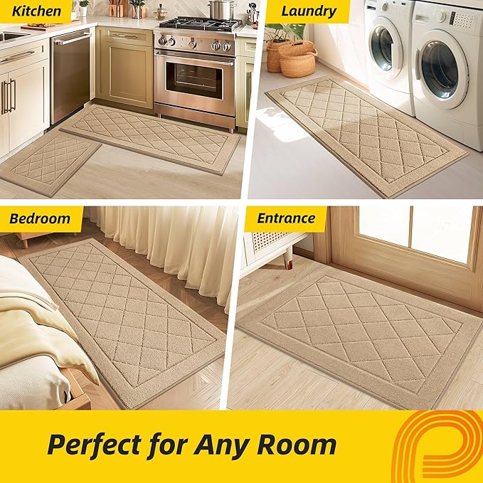 JSEI Non-Slip Kitchen Rugs, Self Adhesive No Sliding Kitchen Mats Set of 2, Soft Washable Absorbent Floor Mat for Kitchen, Bathroom, Laundry Room, Bedroom, 20”x32”+32”x48”, Beige, Diamond Pattern