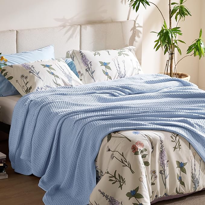 Bedsure Gentlesoft 100% Cotton Blanket King Size for Bed - Breathable and Soft for Spring Summer, Thick Cozy Waffle Weave Blanket Gifts for Women, Sky Blue, 104x90 inches