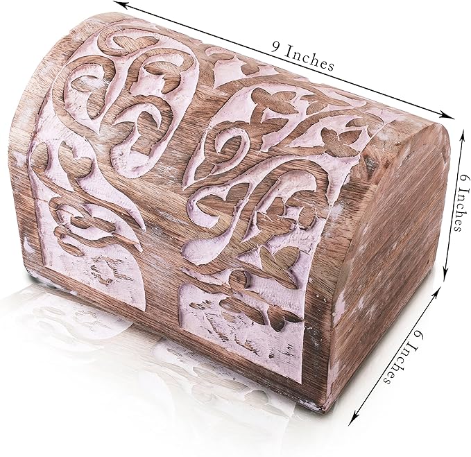 Great Birthday Gift Ideas Handmade Decorative Wooden Jewelry Box With Tree of Life Carvings Jewelry Organizer Keepsake Box Treasure Chest Trinket Holder Watch Box Storage Lock Box (Pink)