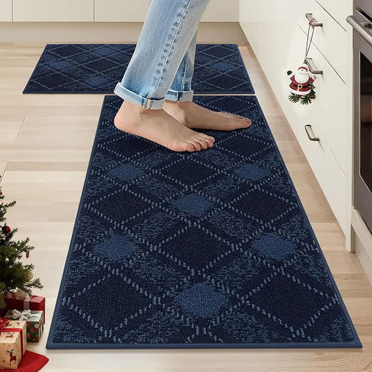 COSY HOMEER Kitchen Rugs and Mats Sets 2PCS Non-Slip Soft Kitchen Mats for Floor Absorbent and Stain Resistant Kitchen Floor Mat Washable Plaid Rugs for Kitchen,20"x32"+20"x48",Navy Blue