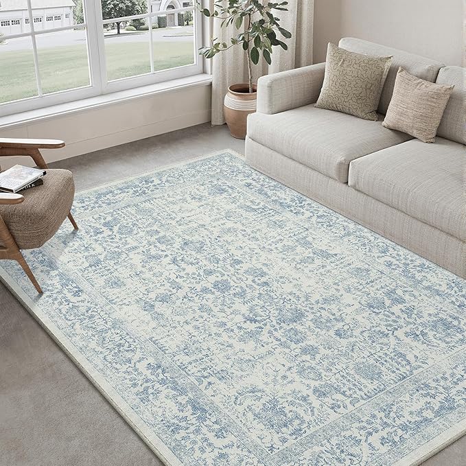 PureCozy Blue Area Rug 5x8 Machine Washable Vintage Living Room Distressed Non Slip Carpet Traditional Indoor Bedroom Retro Floral Accent Throw Large Rug Office Kitchen Bathroom Dining Room
