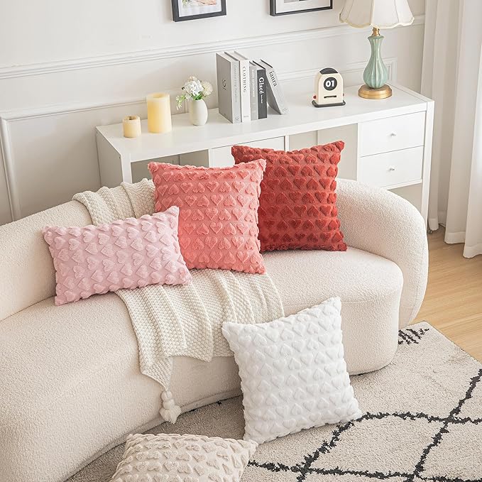 AQOTHES Set of 2 Heart Love Cute Coral Red Decorative Valentines Throw Pillow Covers 18x18, Soft Plush Faux Fur Pillow Covers for Couch Sofa Home Valentines Day Decoration