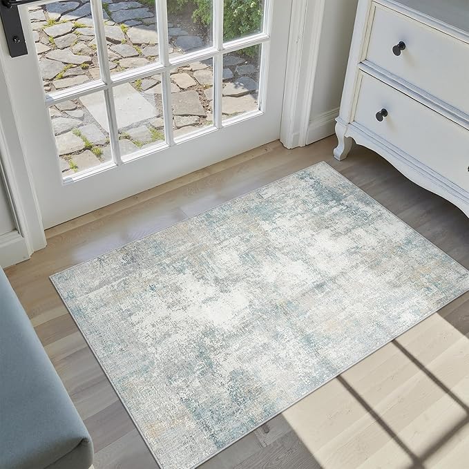 WondRg 2x3 Washable Area Rug Blue Cream Abstract Entryway Kitchen Throw Rug Neutral Modern Non Slip Soft Low Pile Lightweight Small Carpet for Bathroom Living Room Bedroom
