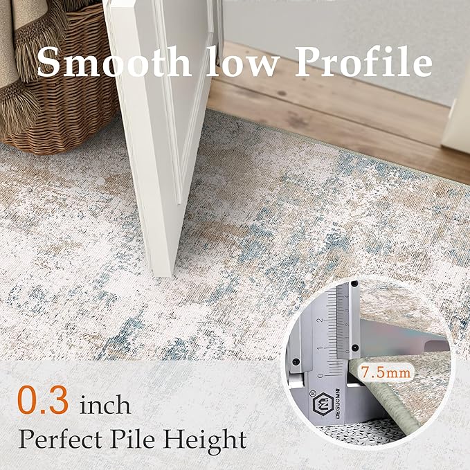 WondRg 5x7 Washable Area Rug Beige Blue Abstract Living Room Bedroom Throw Rug Neutral Modern Non Slip Soft Low Pile Carpet for Kitchen Dining Room Office Entryway
