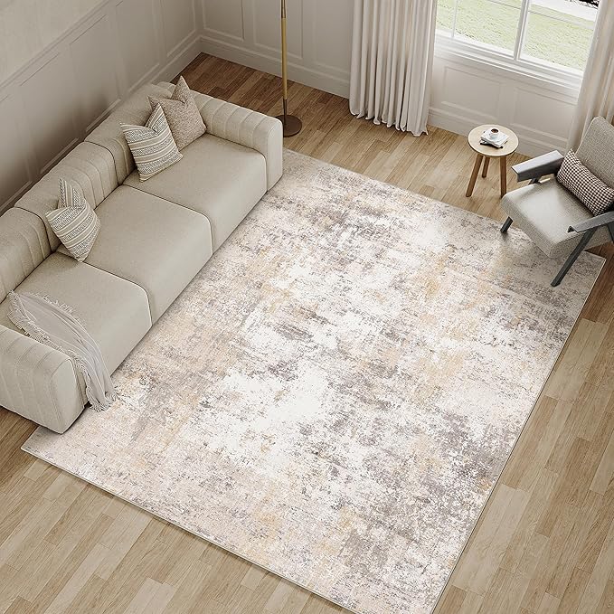WondRg 7x9 Washable Area Rug Beige Grey Abstract Living Room Bedroom Throw Rug Neutral Modern Non Slip Soft Low Pile Lightweight Indoor Carpet for Dining Room Office
