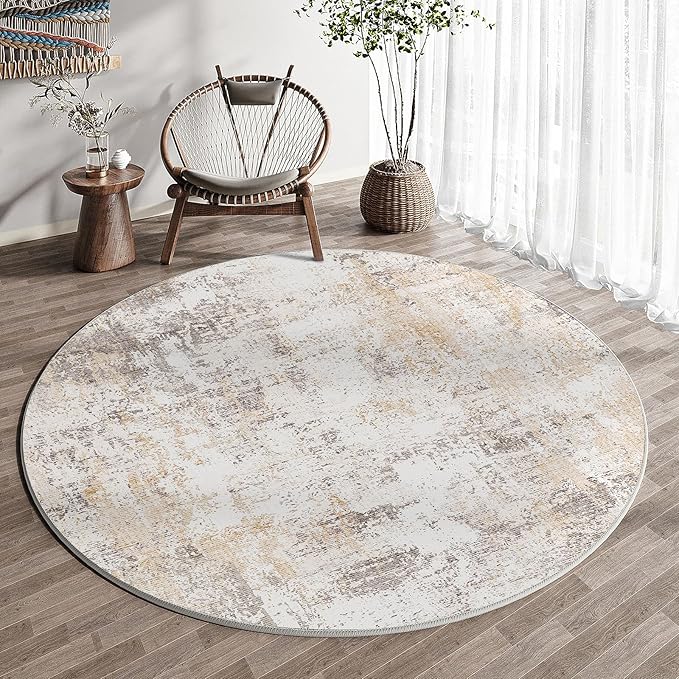 WondRg 4x4 Washable Round Rug Beige Grey Abstract Entryway Area Rug Neutral Modern Non Slip Soft Low Pile Carpet for Bathroom Kitchen Living Room Bedroom Entrance