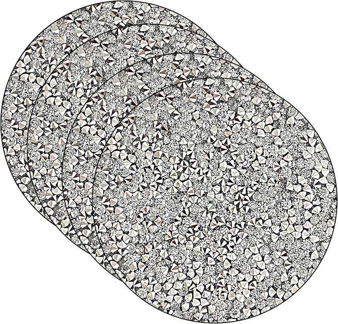 Silver Placemats Set of 4 Crushed Diamond Decor Silver Heat Resistant Mat Rhinestone Decor Round Place Mat Fall Decorations for Home Bling Sparkly Mat 15 inch