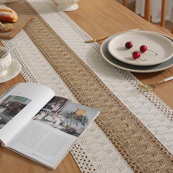 Denique Boho Placemats Set of 13 PCS - Handmade Grass Woven Meal Mats and Natural Cotton Linen Burlap, with 1 Macrame Burlap Table Runner 12x70inch, Table Mats Set for Dining Table Kitchen