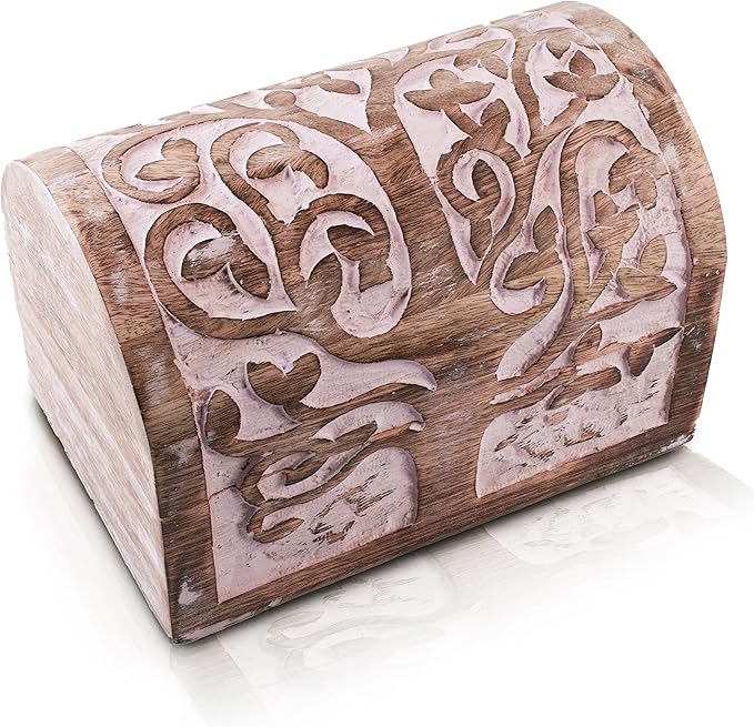 Great Birthday Gift Ideas Handmade Decorative Wooden Jewelry Box With Tree of Life Carvings Jewelry Organizer Keepsake Box Treasure Chest Trinket Holder Watch Box Storage Lock Box (Pink)