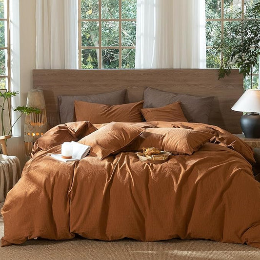 MooMee Wavy Striped Duvet Cover Set 100% Washed Cotton Linen Like Textured Breathable Durable Soft Comfy (Dark Orange, Full 80"x90")