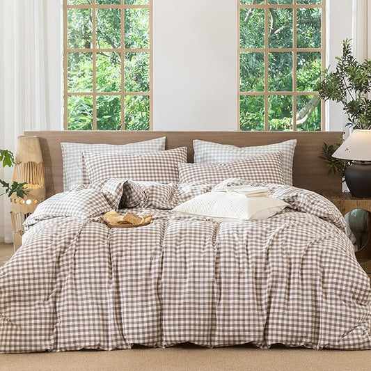 MooMee Gingham Duvet Cover Set 100% Washed Cotton Linen Like Textured Breathable Durable Soft Comfy Modern Checkered Design (Brown Gingham, Queen 90"x90")