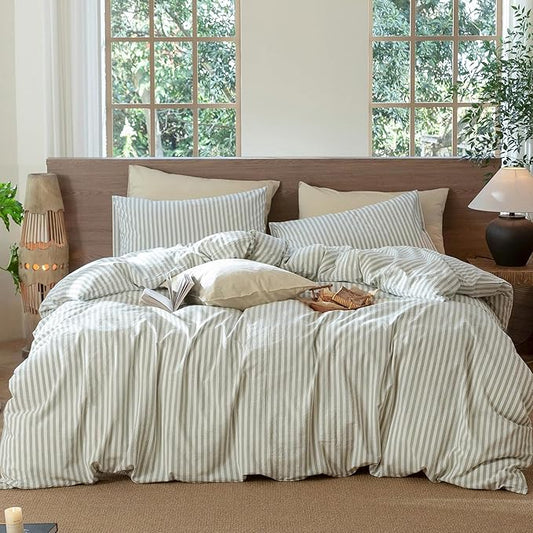 MooMee Striped Duvet Cover Set 100% Washed Cotton Linen Like Textured Breathable Durable Soft Comfy (Sage Green White Classic Stripes, Queen 90"x90")