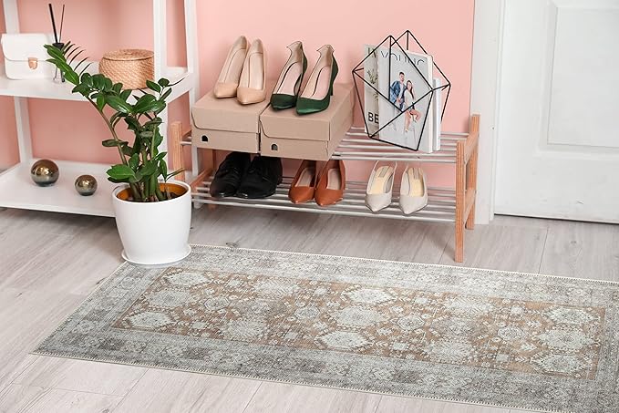 RugOver Machine Washable Area Rug, Pet-Friendly and Non-Slip Indoor Carpet for Kitchen, Bathroom, Living Room, Home Floor Decoration(Ivory/Walnut, 2'6" x 6'6")