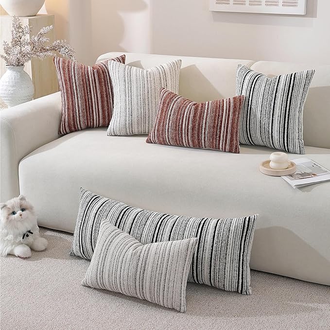 QDTTSRY Chenille Throw Decorative Pillow Covers 20x12 Set of 2, Textured Striped Boho Couch Pillow Covers, Cozy Neutral Farmhouse Cushion Cover for Couch Sofa Bedroom Living Room, Black