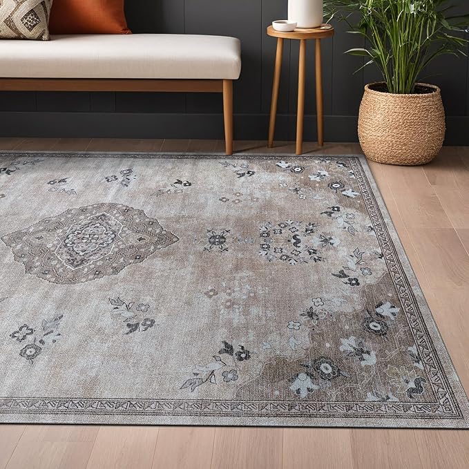 Beverly Rug Non Slip Rugs 6x9 Boho Medallion Floral Non Skid Rubber Backing Easy Silk Soft Area Rug for Living Room Easy to Clean Non Shedding Kitchen Bedroom Indoor Carpet (6 x 9 Beige - Brown)