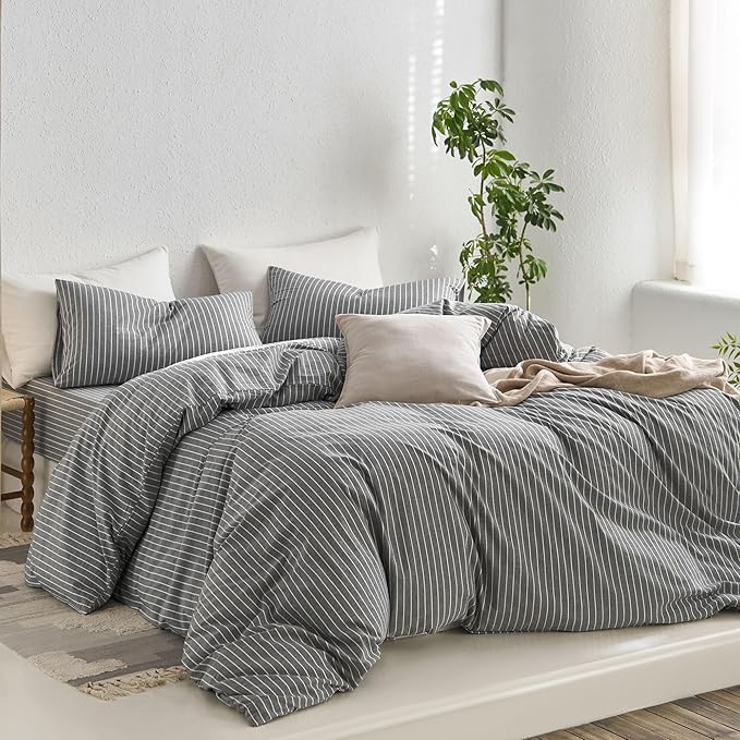 MooMee Striped Duvet Cover Set 100% Washed Cotton Linen Like Textured Breathable Durable Soft Comfy (Dark Grey White Wide Stripes, Full 80"x90")