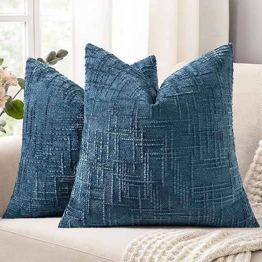 decorUhome Spring Navy Blue Chenille Throw Pillow Covers 18x18 Set of 2 Textured Slubby Couch Pillow Covers Farmhouse Accent Modern Neutral Decorative Pillow Cases for Bed Sofa Living Room